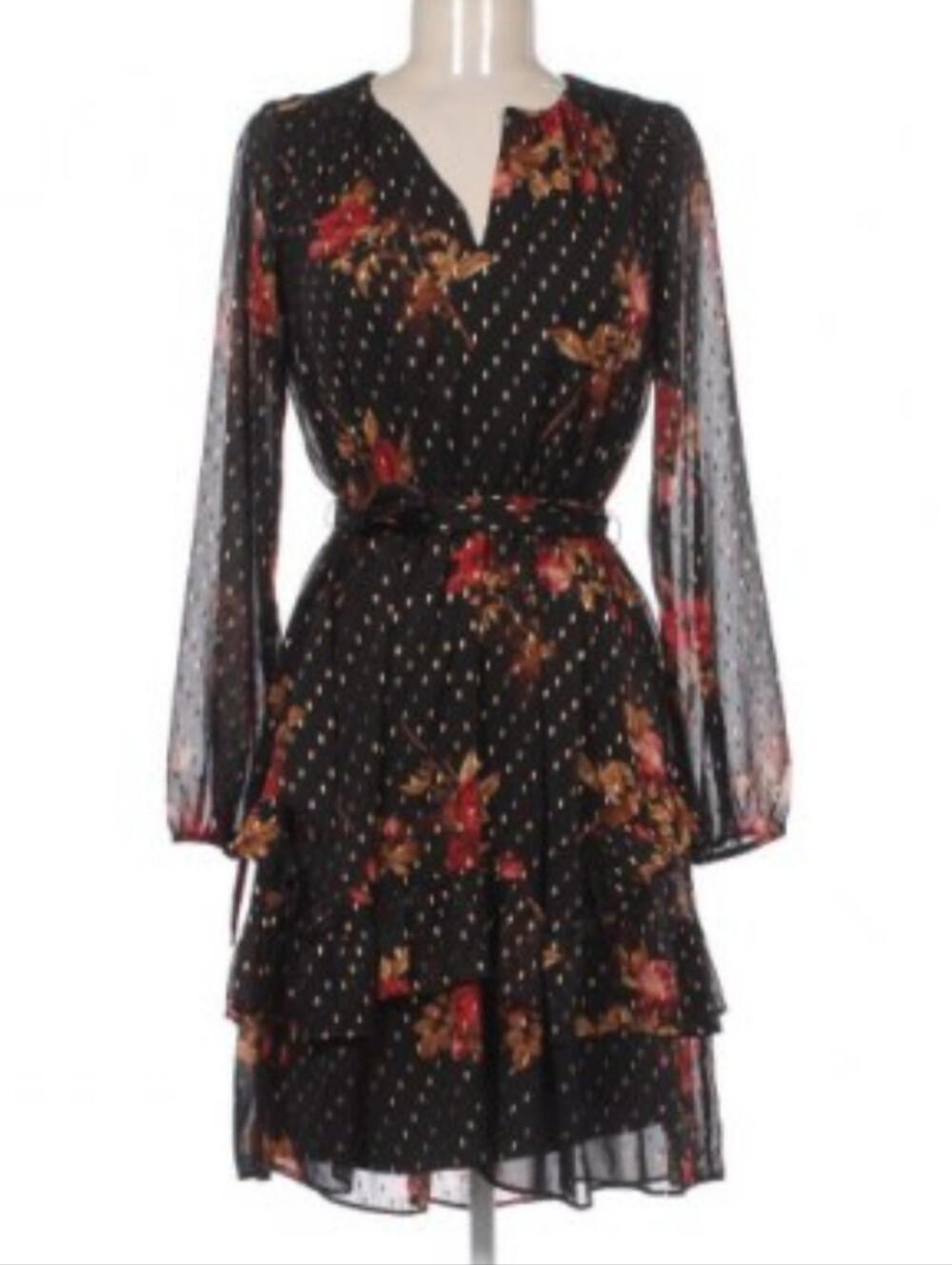 Simply Vera Vera Wang Black Floral Long-Sleeve Ruffle Dress with Burgundy Roses